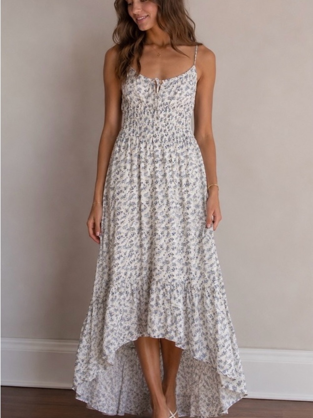Altar'd State White Floral Smocked High-Low Maxi Dress